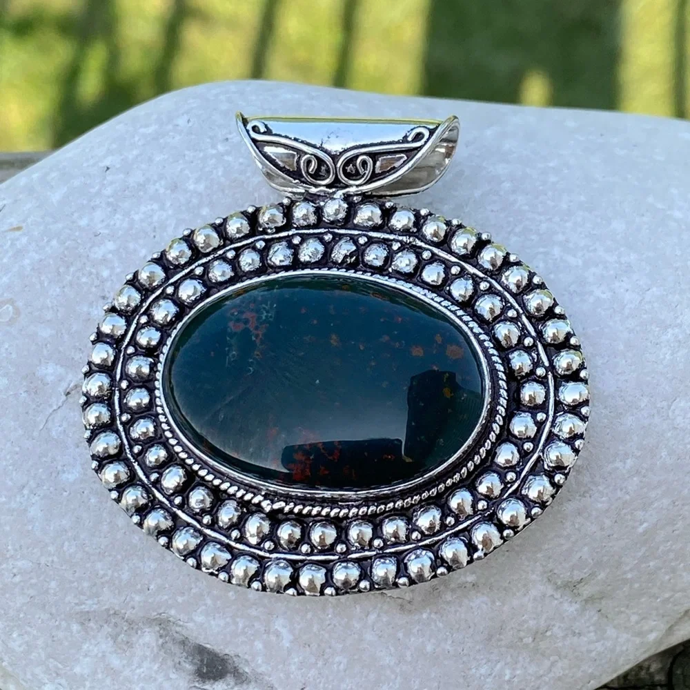 💕Large Oval genuine Bloodstone slider pendant .925 Sterling Silver - Picture 5 of 9